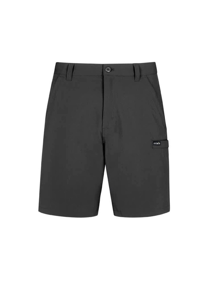 Men's lightweight outdoor shorts in black, featuring a logo and side pocket. Ideal for casual outdoor wear.