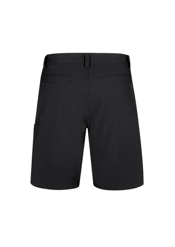 Men's lightweight outdoor shorts in black with a pocket detail and a branding logo.