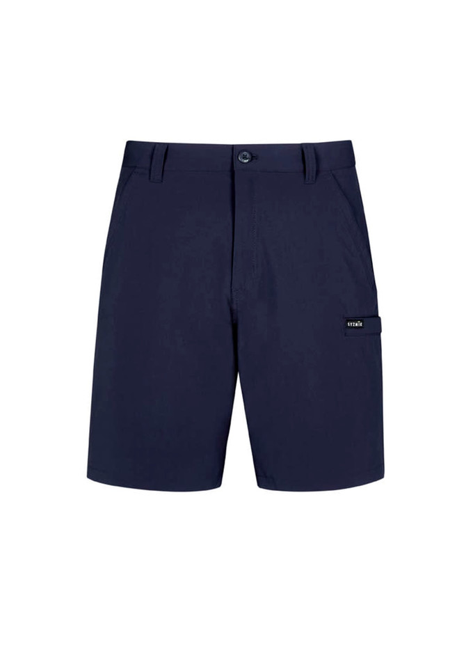 Men's lightweight outdoor shorts in navy blue, featuring a front button closure and a side pocket with branding.