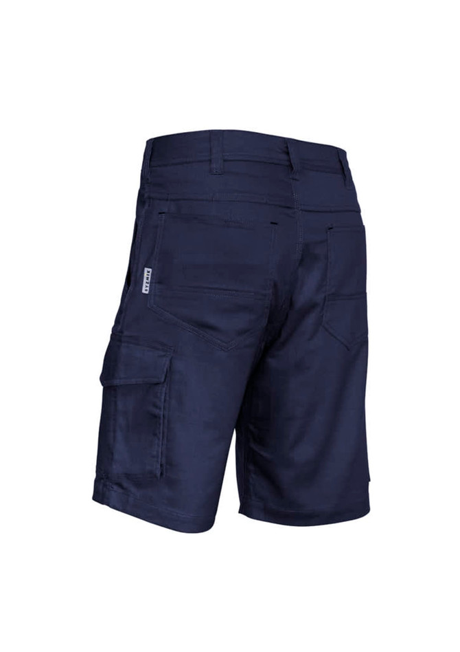 Men's rugged cooling vented shorts in navy, featuring multiple pockets and a logo on the side.