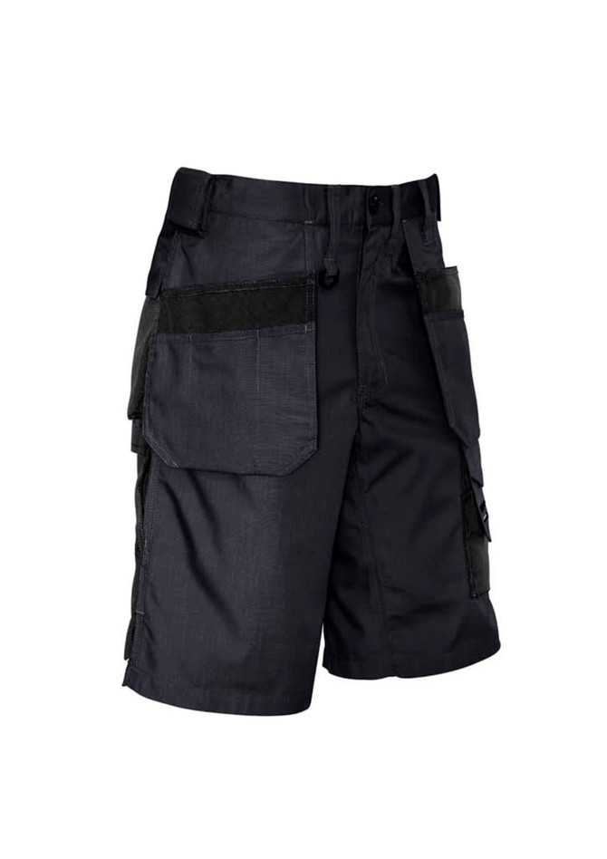 A pair of black multi-pocket shorts featuring cargo-style side pockets and a logo on the waistband.