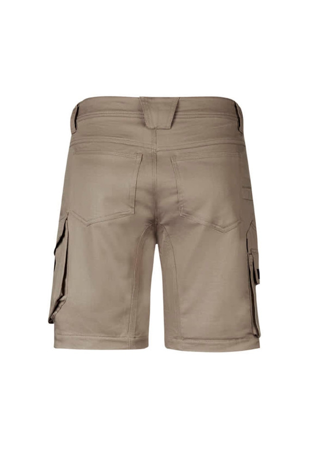 A pair of men's rugged cooling stretch cargo shorts in a light khaki colour, featuring side pockets and a rear design.