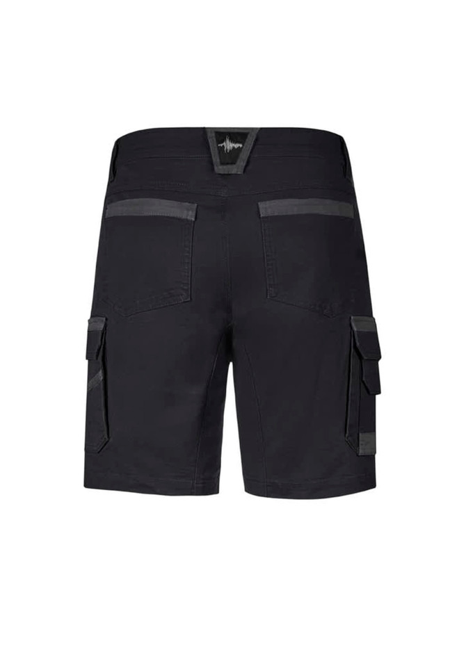 Men's work shorts in black with cargo pockets and a feature logo on the back. Designed for durability and functionality.