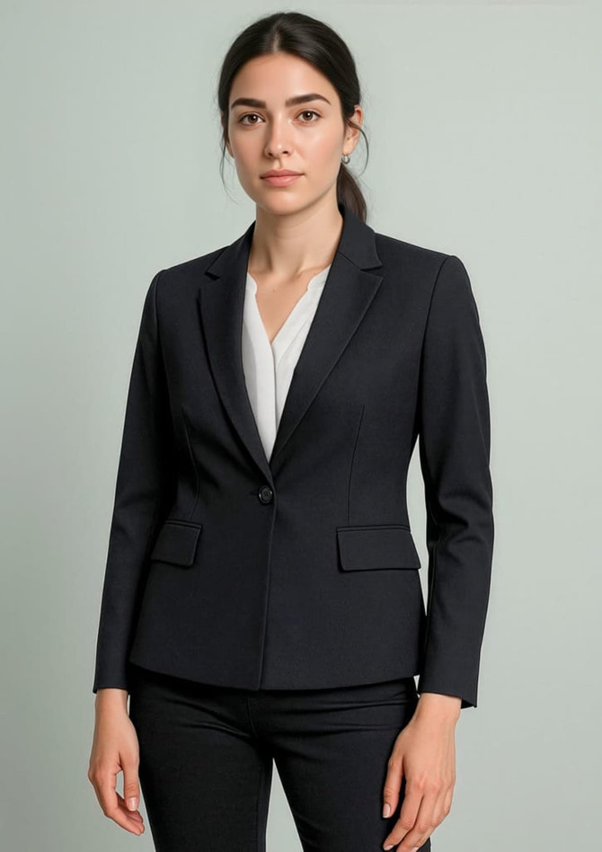 A navy single button mid-length women's blazer, featuring a fitted design and two front pockets.