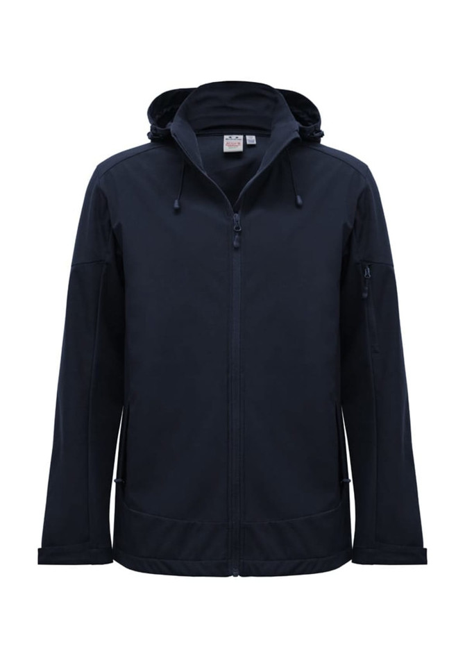 A navy blue men's rain jacket with a hood, featuring a zipper and side pockets, includes branding.