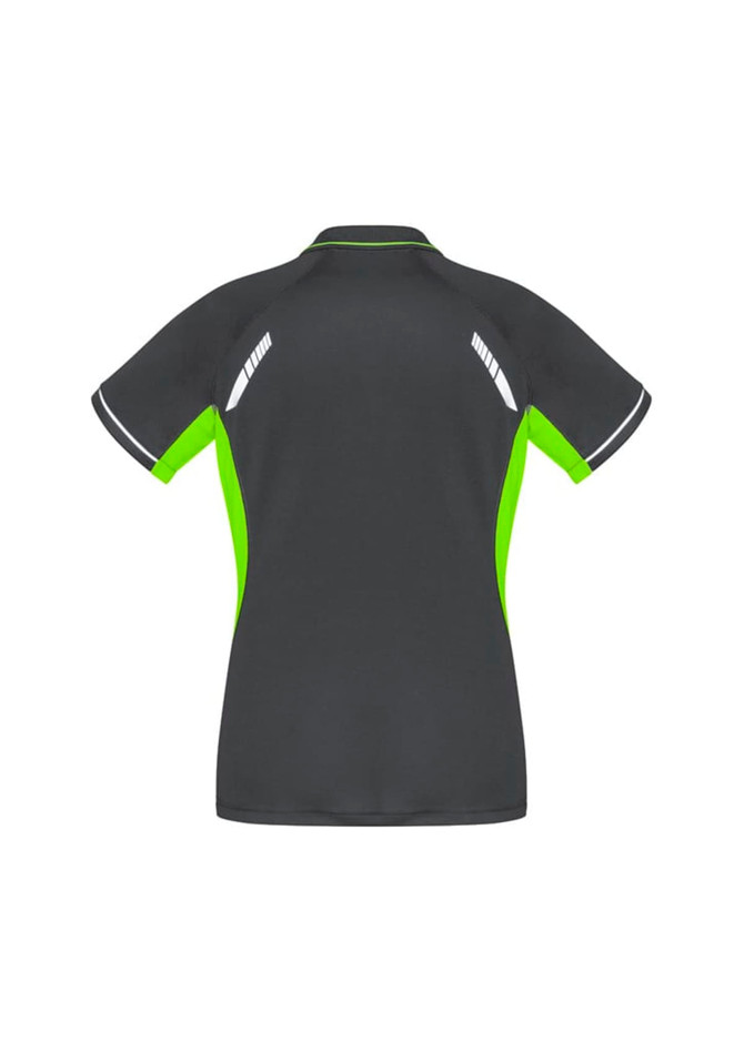 A women's short sleeve polo in dark grey with lime green accents and reflective detailing, featuring a logo.