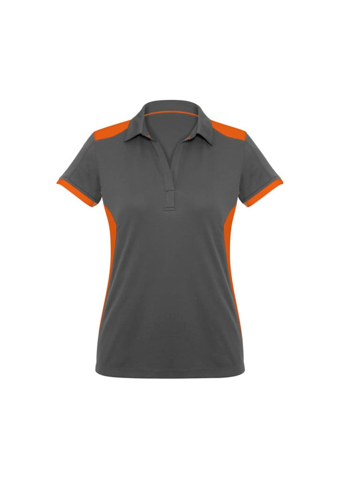 A women's short sleeve polo shirt in grey with orange accents and a logo.