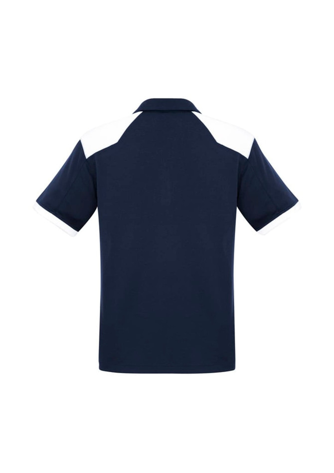 A navy polo shirt featuring white accents on the sleeves and shoulders, designed for men.