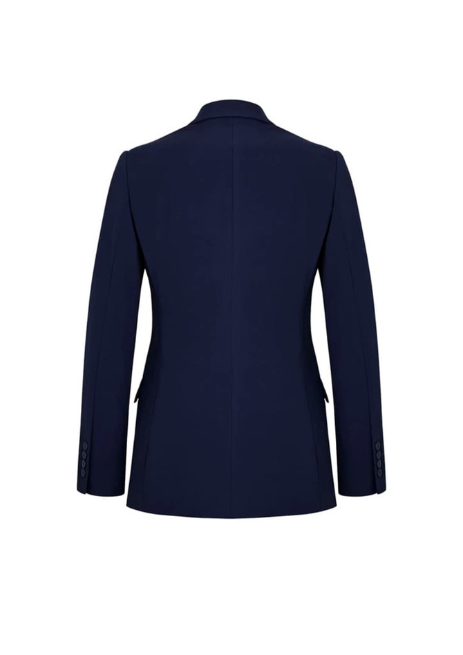 A navy women's longline jacket featuring a tailored back design and a single vent. The jacket has branding details.