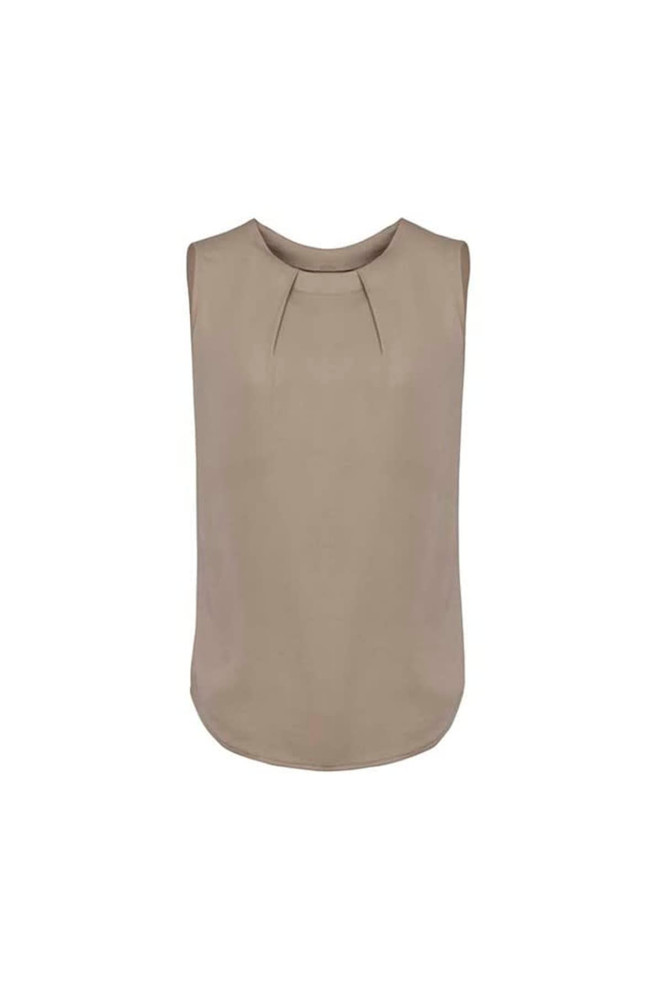 A sleeveless blouse in a soft taupe colour, featuring pleat detail on the front. It has a round neckline and a smooth finish.