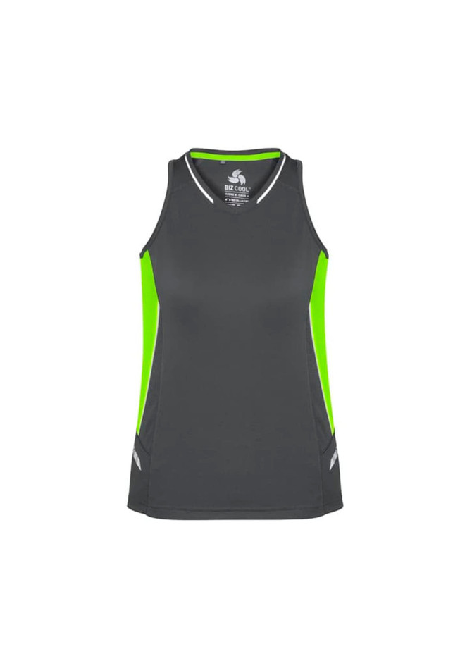 A women's singlet in grey with lime green accents, featuring a logo on the chest.