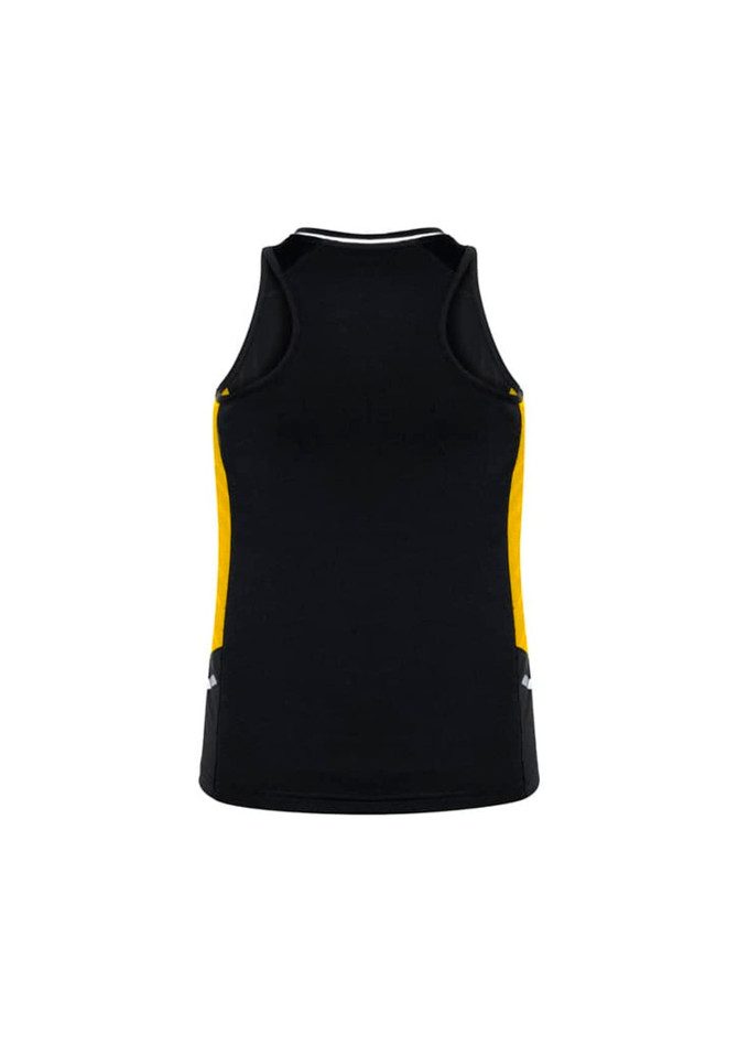 A black women's singlet featuring yellow side panels and a logo. Ideal for activewear and casual outings.