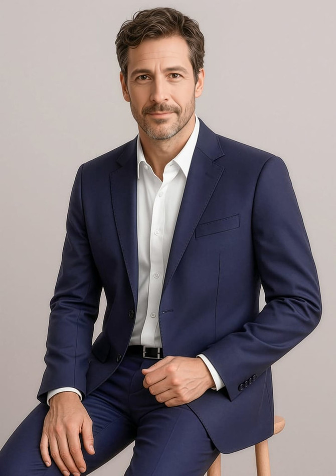 A navy two-button blazer jacket on a seated model, featuring a tailored fit and a pocket on the left side.