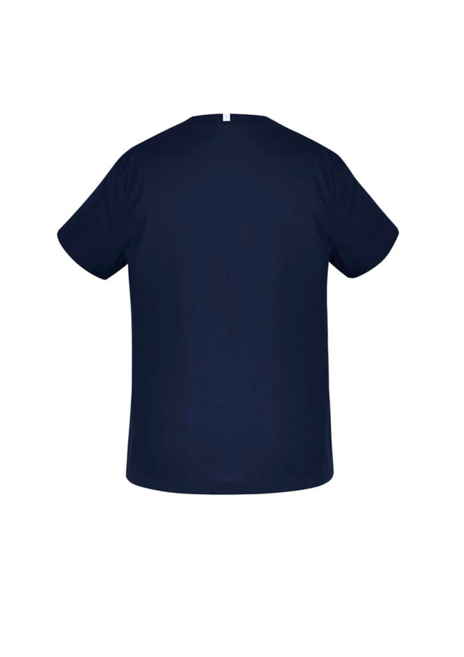 A navy unisex scrub top with a simple design and a small logo on the back. Reversible for versatile wear.