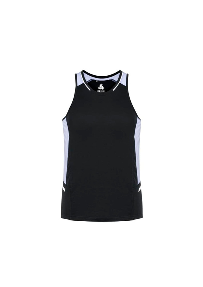 A black singlet with grey detailing and a logo on the front, designed for men.