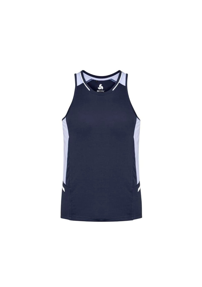 A navy singlet with light grey side panels and a logo on the front, designed for men.