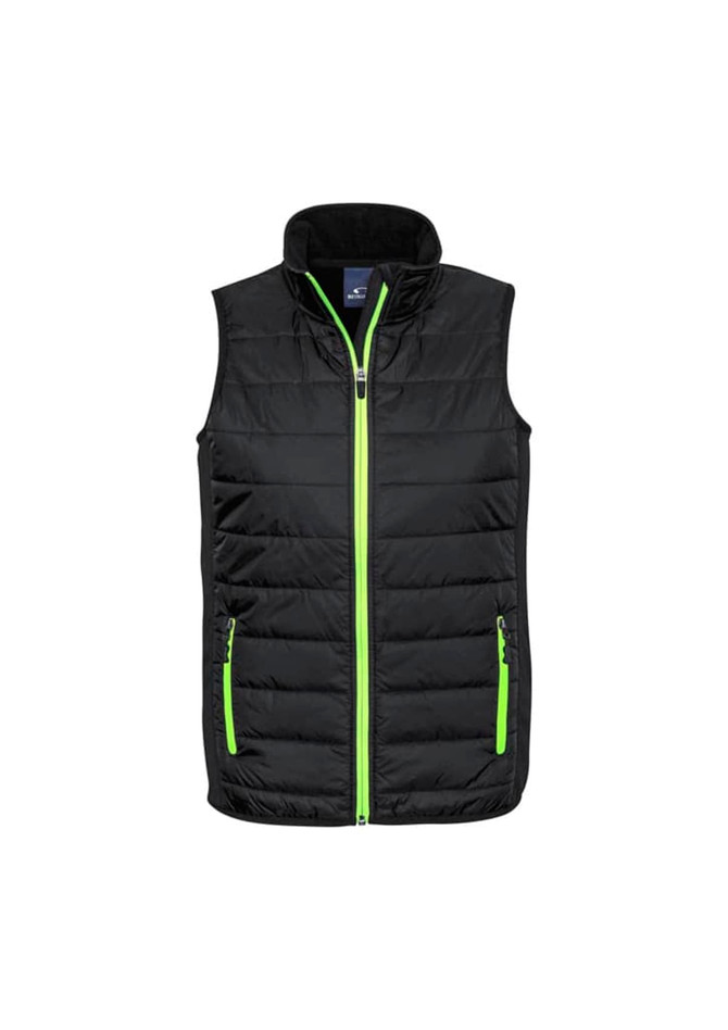 A black vest with a zip front and bright green accents, featuring two side pockets and a collar.