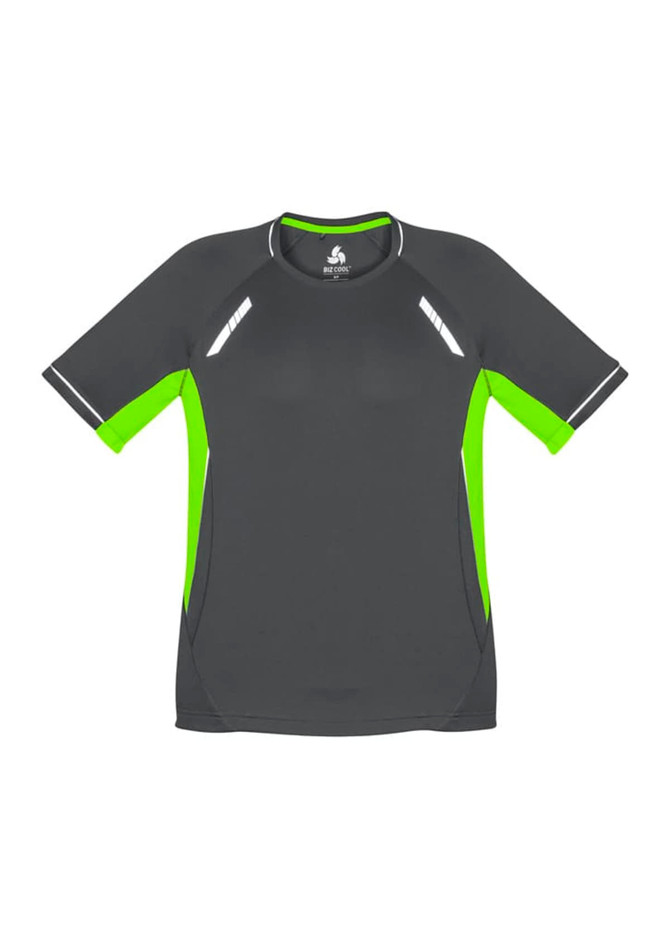 A short sleeve tee in grey with bright green detailing and reflective accents, featuring a logo.