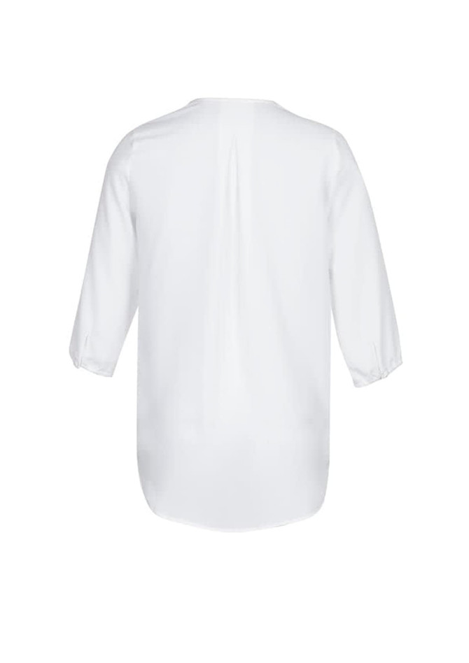 A white longline blouse with three-quarter sleeves and a rounded hem, featuring a back pleat and branding.
