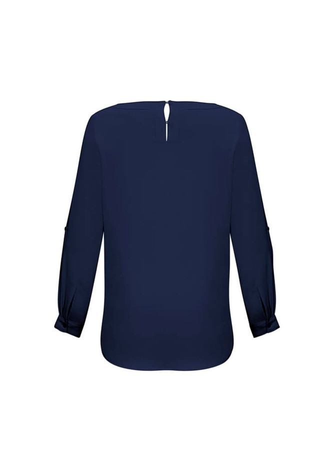 A navy women's boatneck top featuring long sleeves and a keyhole detail at the back, with a logo present.
