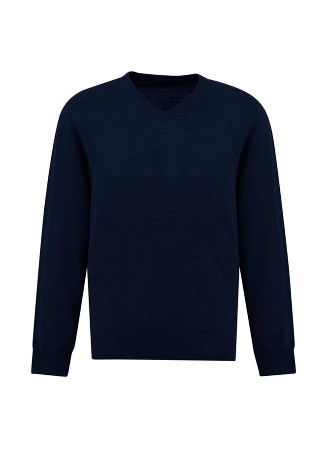 A navy knitted pullover with a V-neck design and long sleeves. It features a logo on the side.