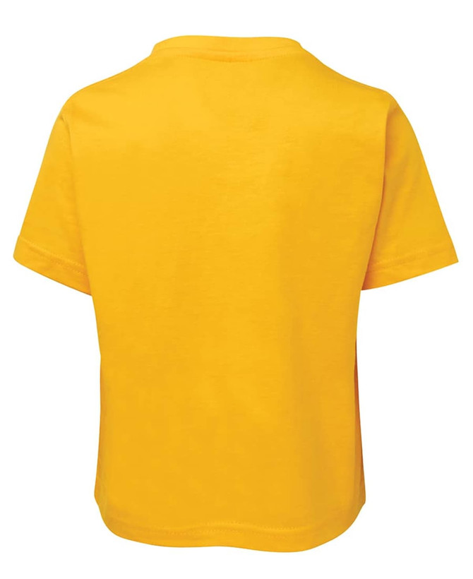 A yellow kids' t-shirt featuring short sleeves and a plain back. It has a logo on the back.