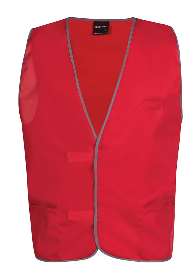 A bright red tricot work vest featuring grey trim, with a pocket on the front and a logo on the label.