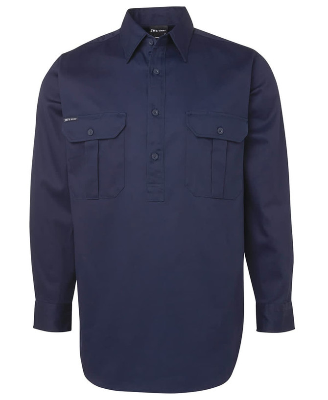 A long-sleeve navy work shirt featuring two front pockets and a collar, with a logo on the chest.