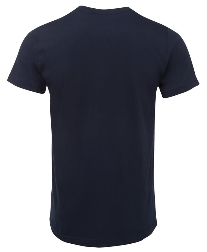 A navy fitted T-shirt with short sleeves and a plain design. Includes a logo on the back.