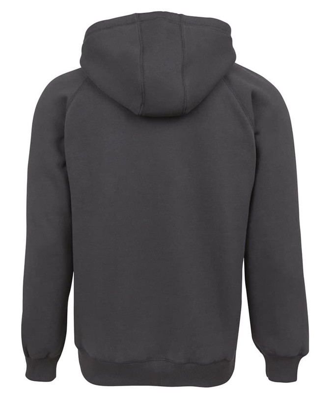 A dark grey hoodie with a hood and raglan sleeves, featuring a logo on the back.