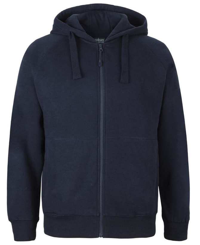 A navy hoodie featuring a zip front, adjustable drawstring hood, and side pockets. It has a logo on the chest.