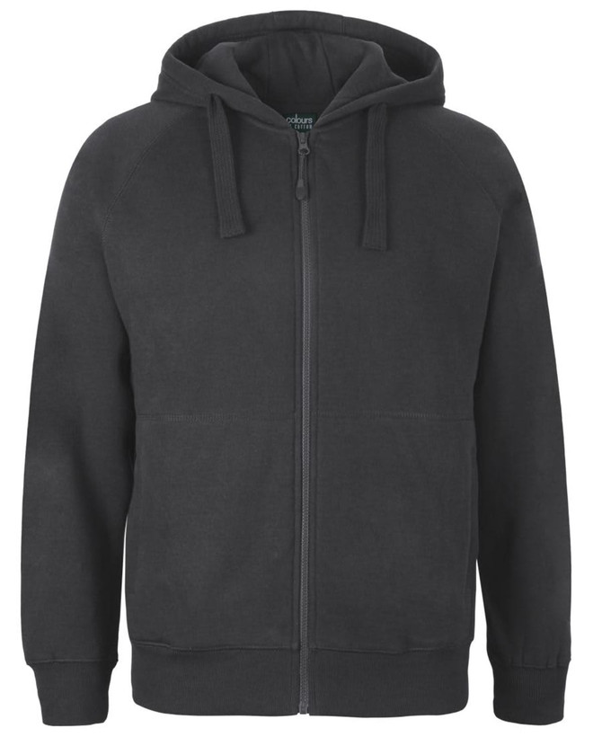 A black zip-up hoodie featuring a hood and front pockets, with a logo on the label.