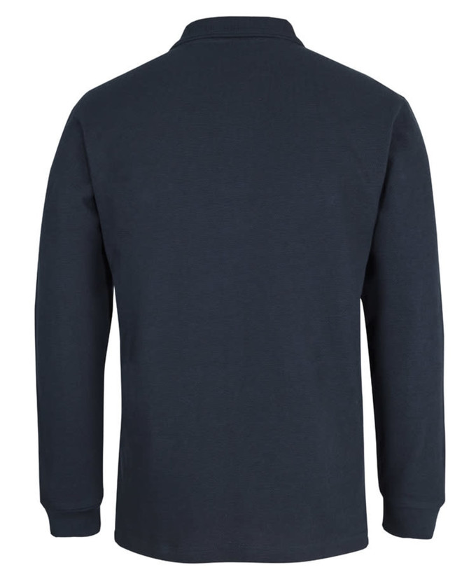 A dark navy long-sleeve polo shirt with a classic collar, featuring a subtle logo.