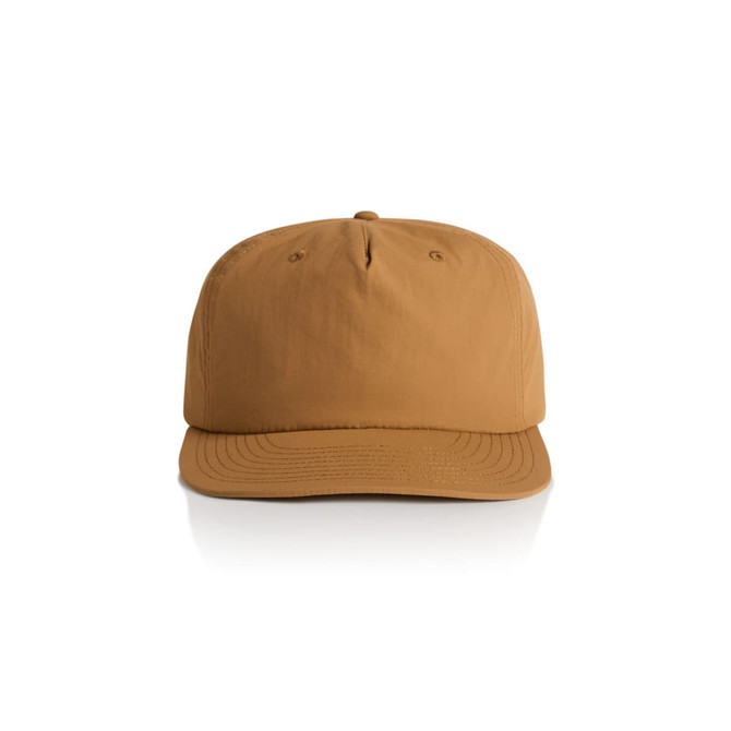 A cap in a warm brown colour with a curved brim and a logo on the front.