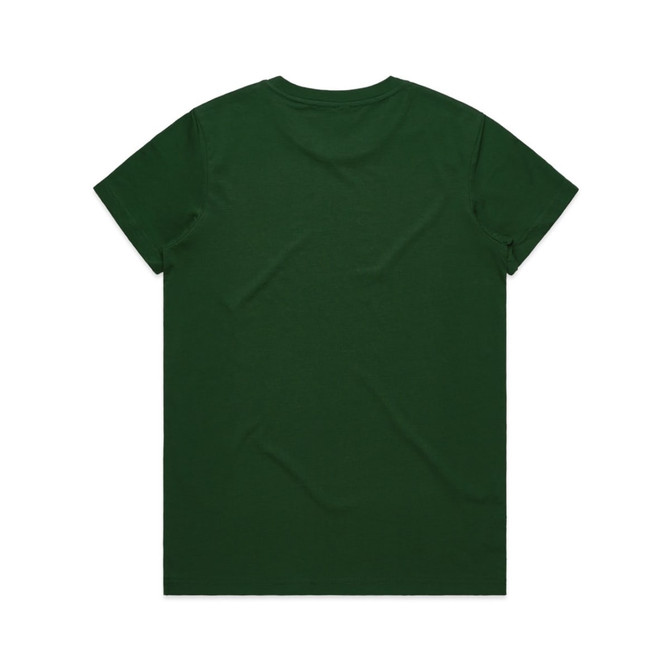 A green t-shirt with a crew neckline and short sleeves, featuring a logo on the back.