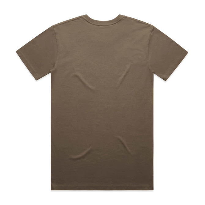 A plain brown T-shirt featuring a crew neck and short sleeves, with a logo on the back.