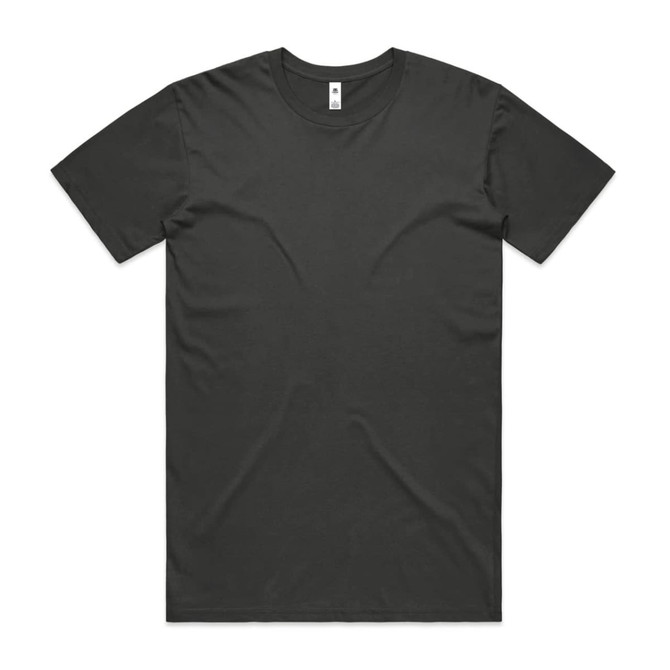 A plain black T-shirt with short sleeves and a round neckline, featuring a logo.