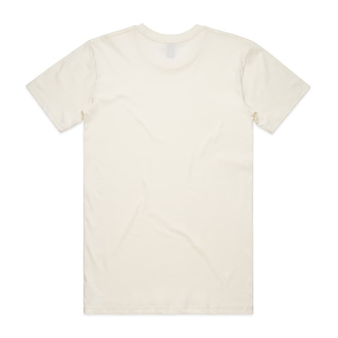 A plain cream-coloured t-shirt with a crew neck and short sleeves, featuring a logo on the back.