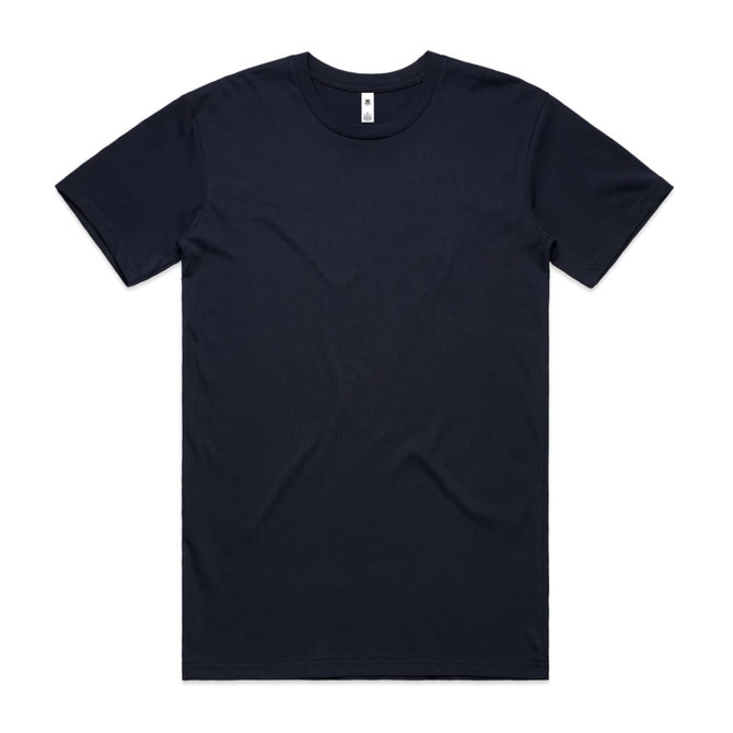 A navy basic t-shirt featuring a crew neck design and a tag in the neckline. The shirt has a plain appearance.
