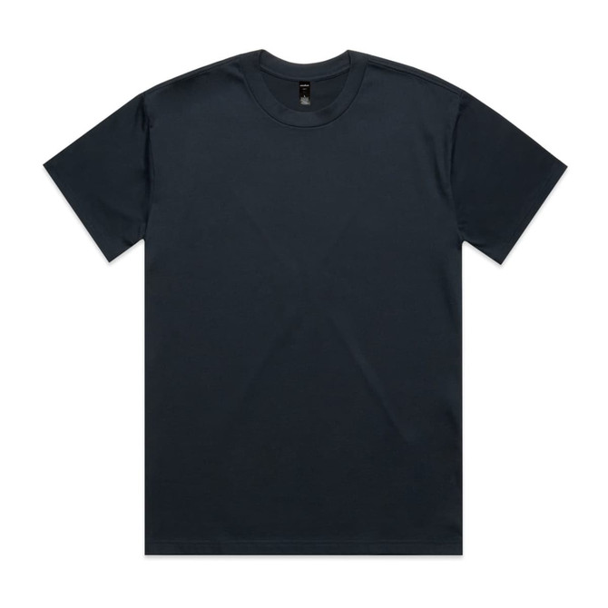 A dark-coloured heavy tee t-shirt with a classic crew neck design. It features a logo tag on the inside.