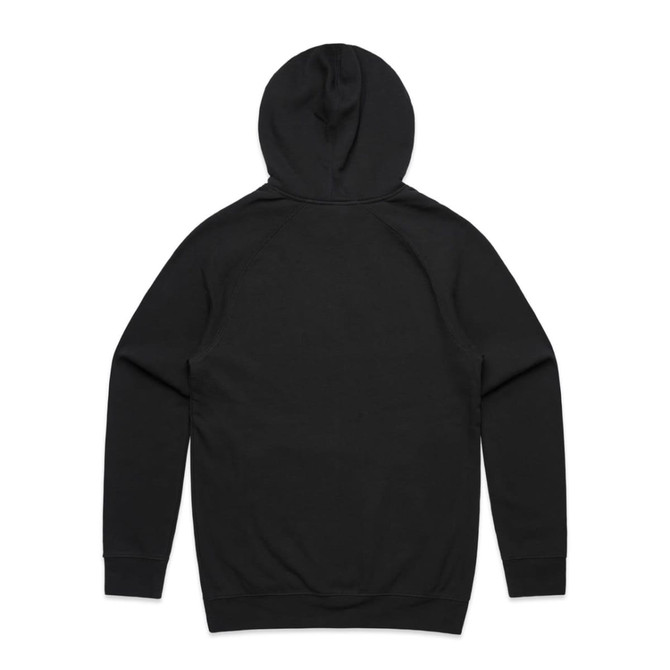 A black hoodie featuring a hood and long sleeves, with a smooth back design and a logo present.
