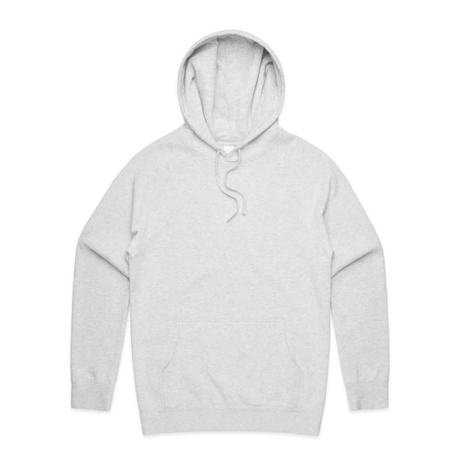 A grey hoodie featuring a front pocket and a drawstring hood, with a logo on it.