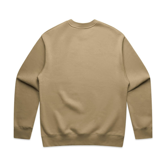 A tan-coloured sweater with a plain back and long sleeves, featuring a logo on the inner neck area.