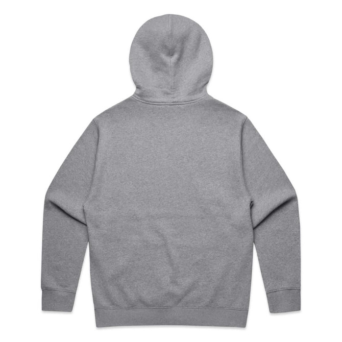 A grey hoodie featuring a large hood and long sleeves, with a plain back design. It has a logo.