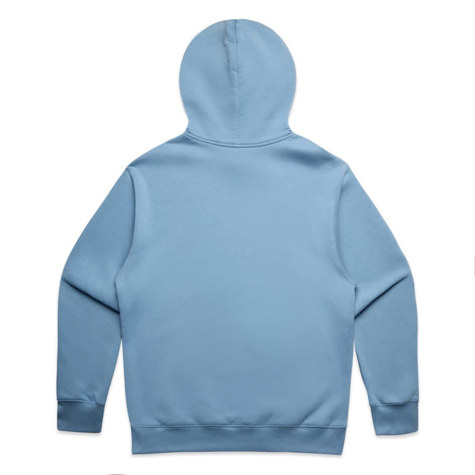 A blue hoodie with a hood, featuring a plain back design and long sleeves. It has a logo.