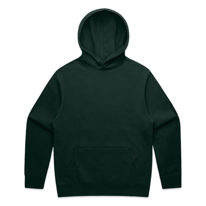 A dark green hoodie featuring a front pocket and a drawstring hood. It has a simple design and includes a logo.