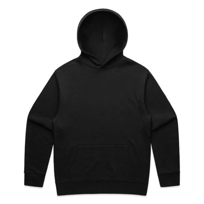 A black hoodie featuring a front pocket and a large hood, with a subtle logo on the design.