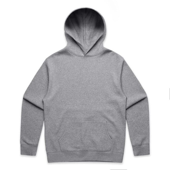 A grey hoodie featuring a front pocket and a drawstring hood. The back is plain and has a logo.