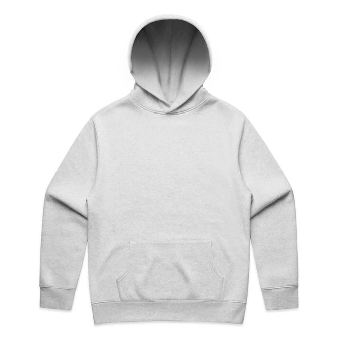 A light grey hoodie featuring a large front pocket and a classic hood design. It has a logo on the front.