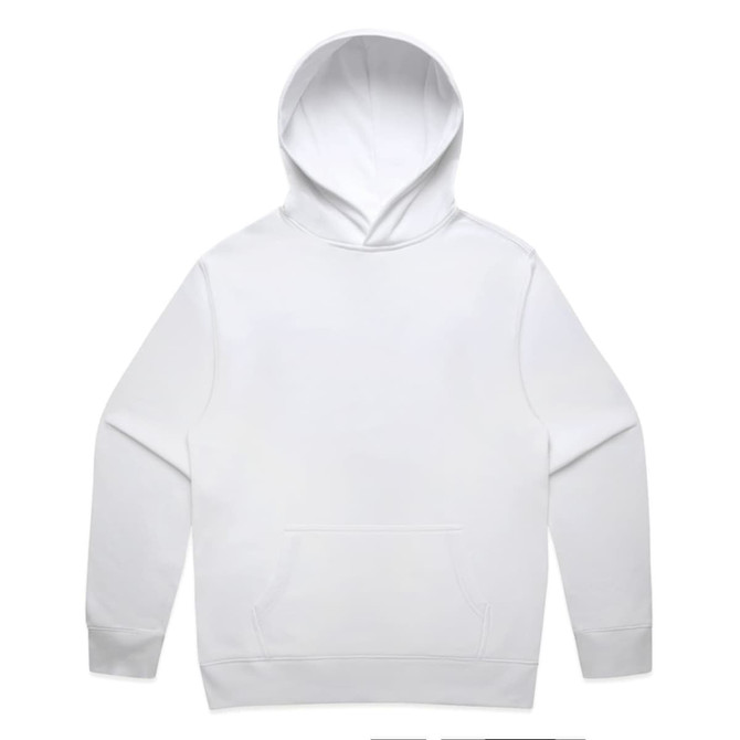 A white hoodie featuring a hood and a front pocket, with a logo on the front.